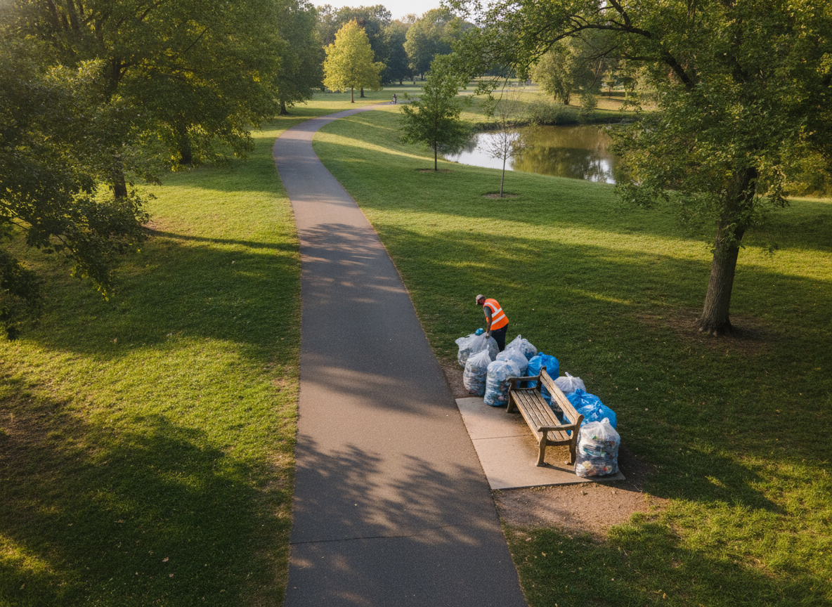 A clean park path with neatly organized bags of collected litter after a community cleanup event.