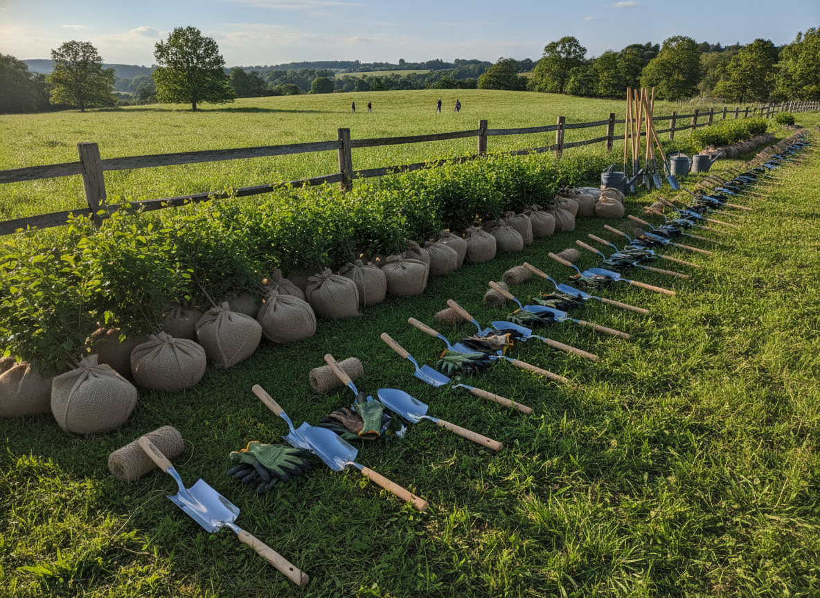Supplies for a tree planting event, including saplings and gardening gloves, arranged neatly.