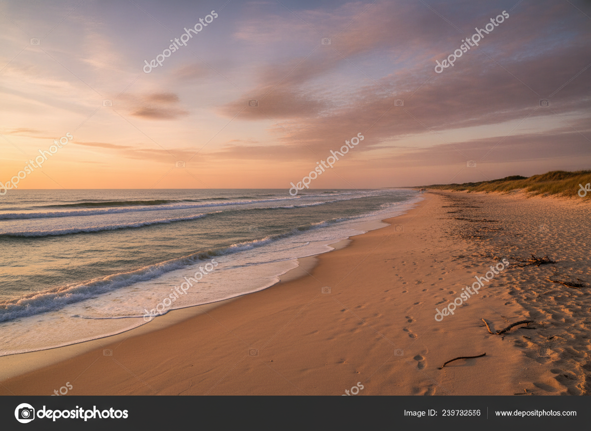 A pristine and empty beach at sunrise, representing a successful community cleanup project.
