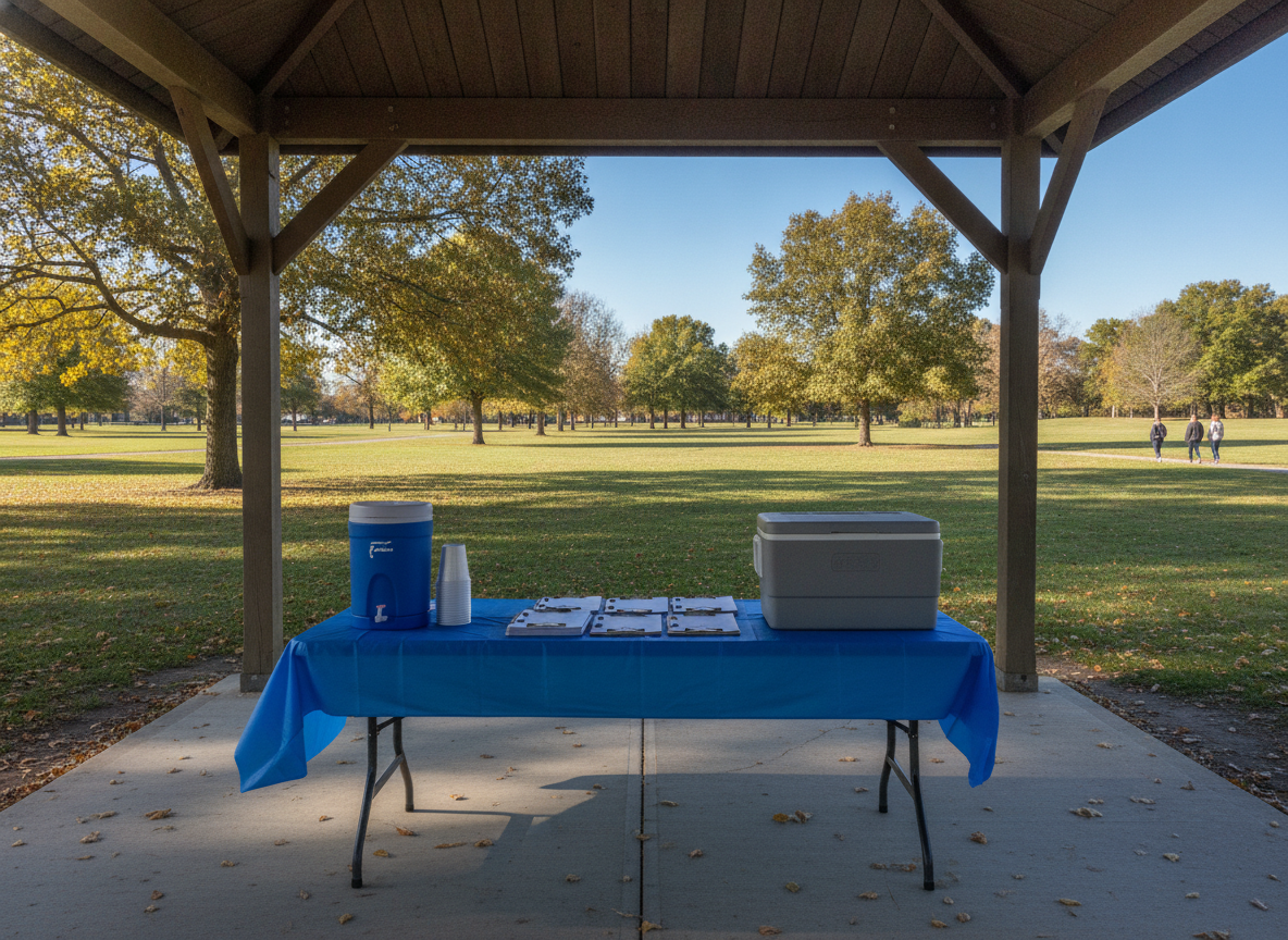 An empty registration table set up for a community cleanup event in a park.