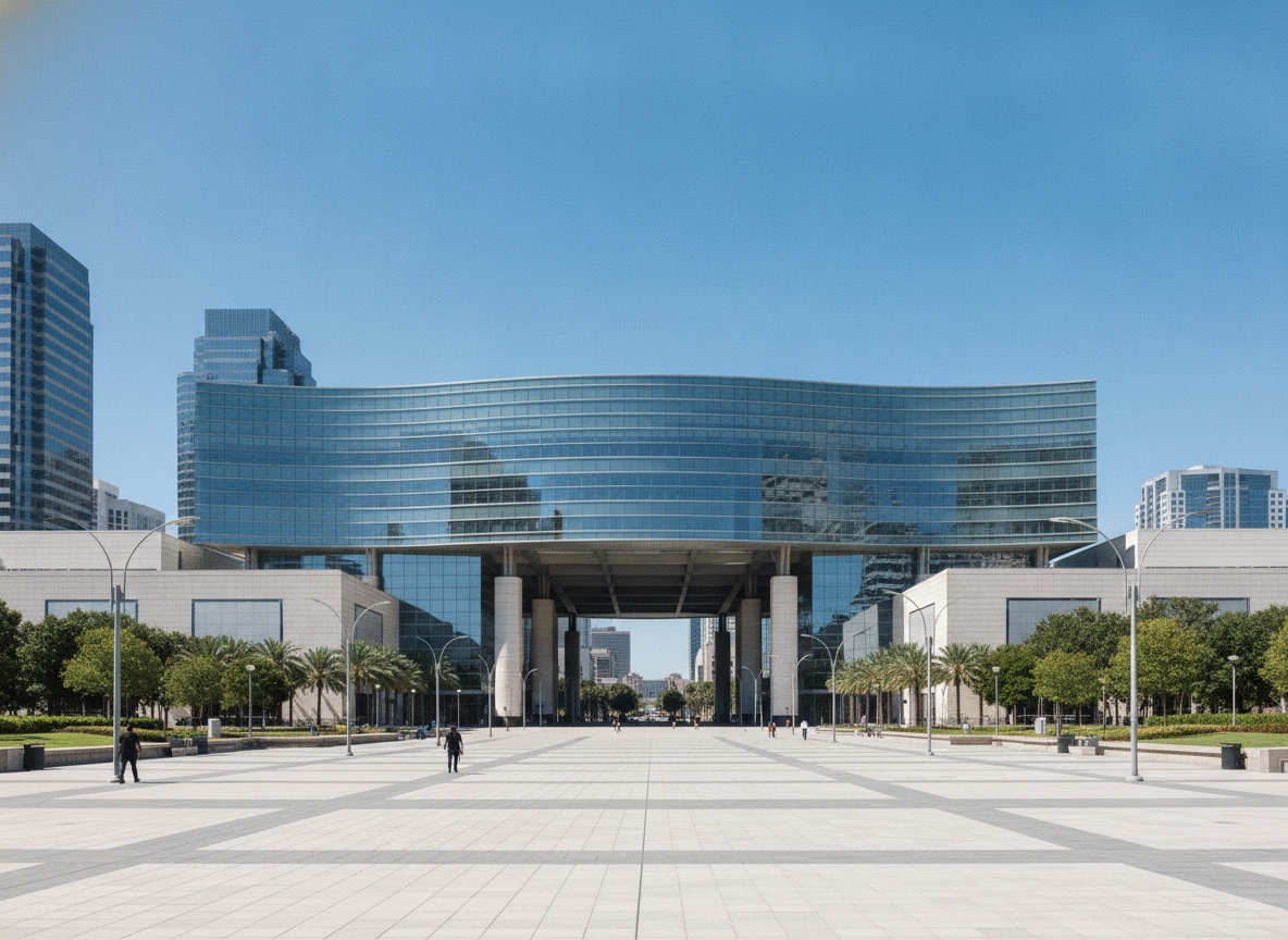 Exterior view of a modern convention center, the ideal venue for a large professional event.