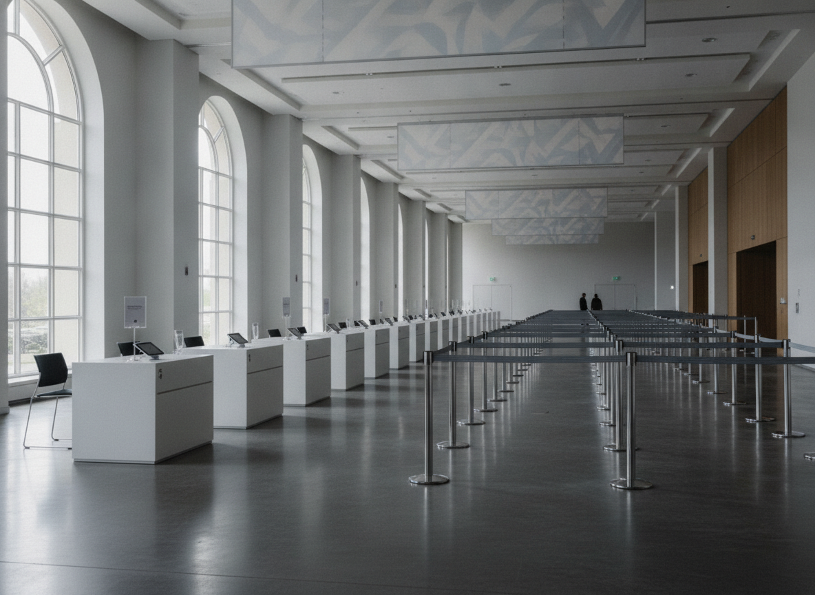 An empty registration and check-in area at a convention center, ready for attendees.