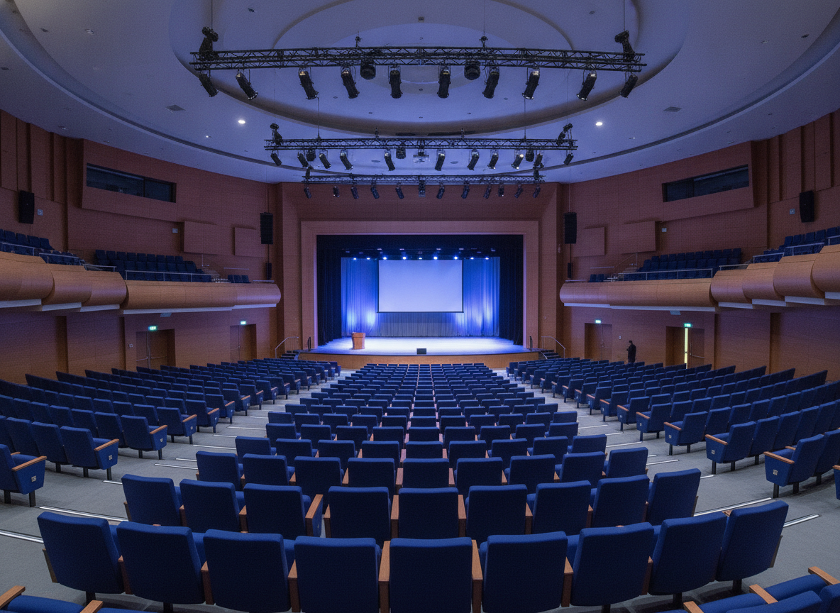 An empty keynote theater inside a convention center, set up for a major presentation.