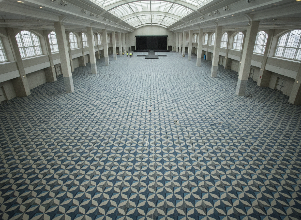 Aerial view of a large, empty exhibition hall in a modern convention center.
