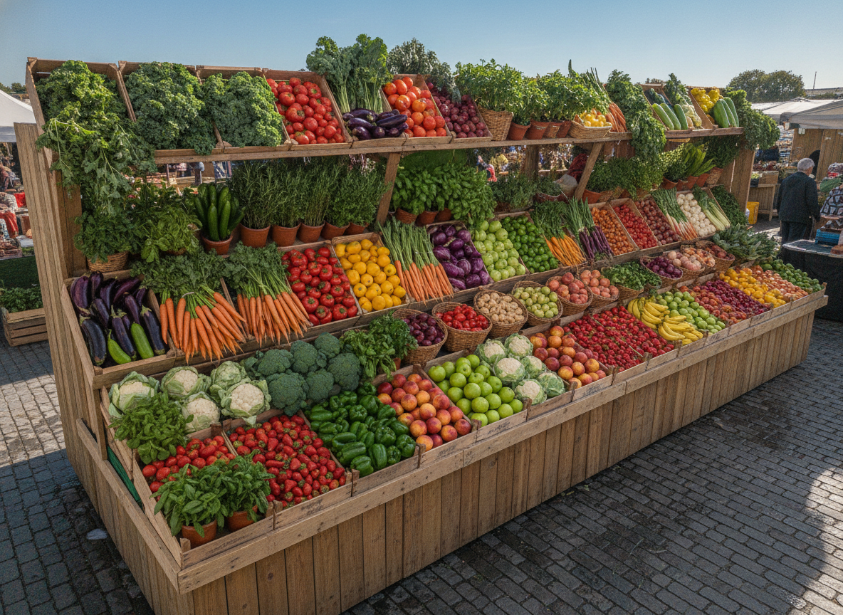 A colorful display of fresh produce at a farmers market, representing the audience for a cooking class.