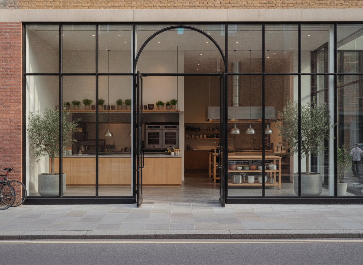 The clean and modern entrance of a venue suitable for a cooking class.