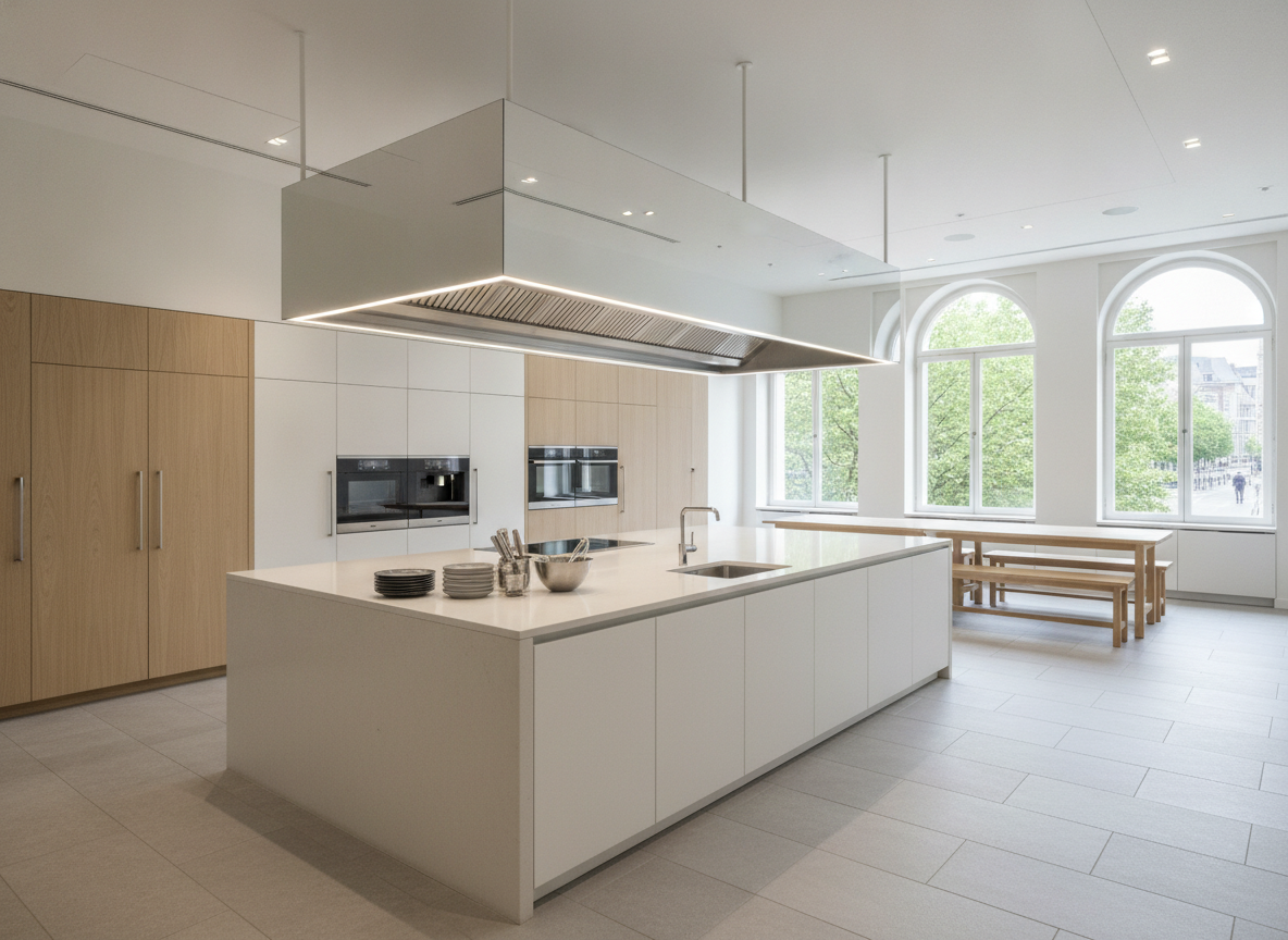 An empty demonstration kitchen ready for a chef to lead a cooking class.