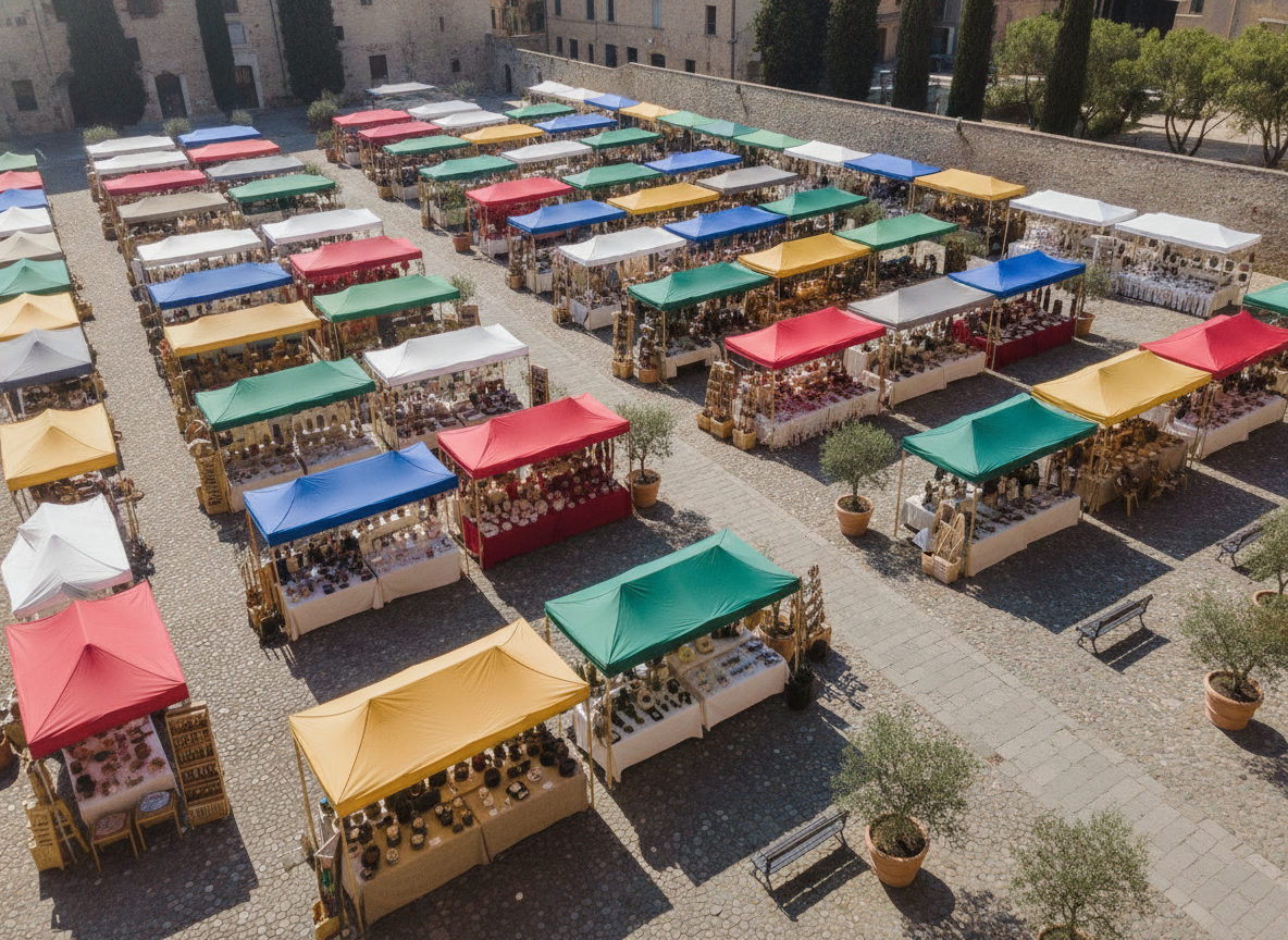 Aerial view of a colorful outdoor craft market layout.