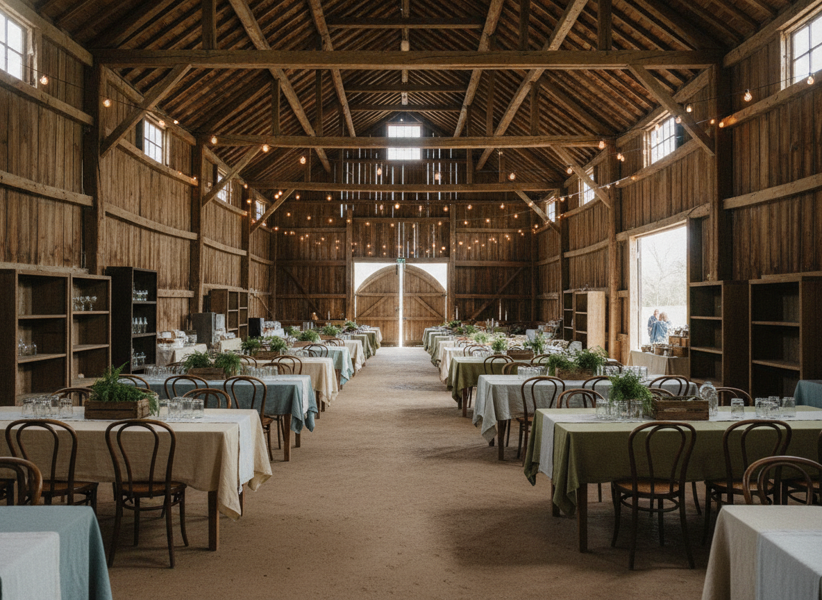 A rustic barn interior prepared for a craft fair.
