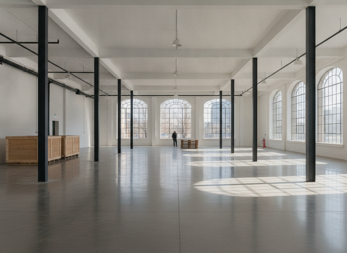An empty industrial warehouse space prepared for a maker market event.