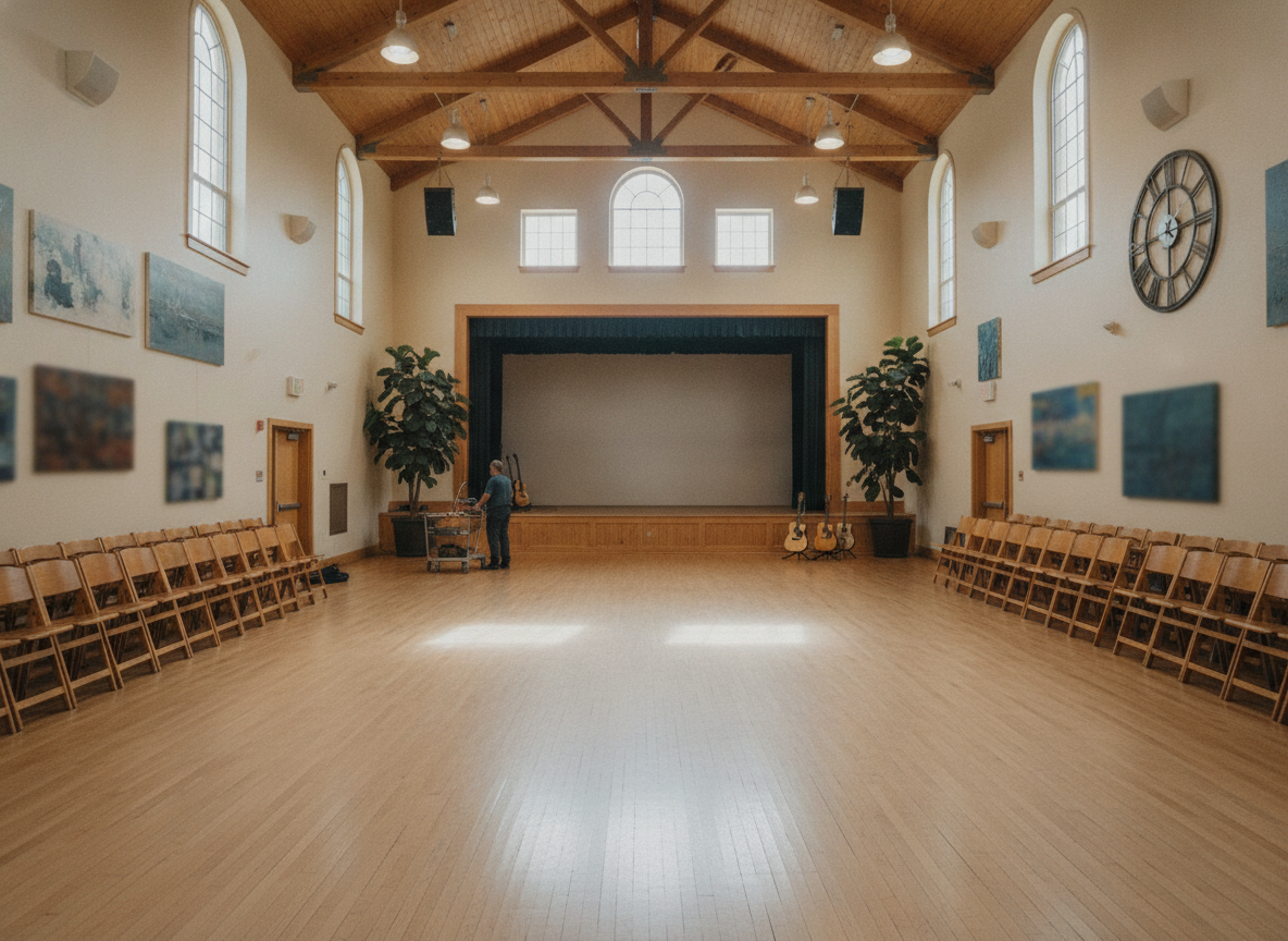 A community hall prepared for a dance event, a versatile space for a studio dance event organizer.