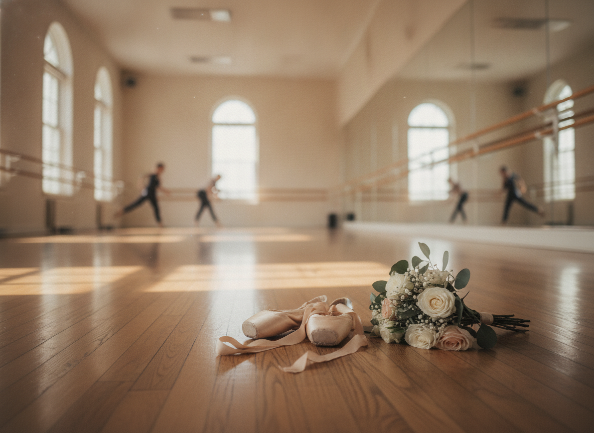 Ballet shoes on a studio floor, symbolizing ballet performance promotion.