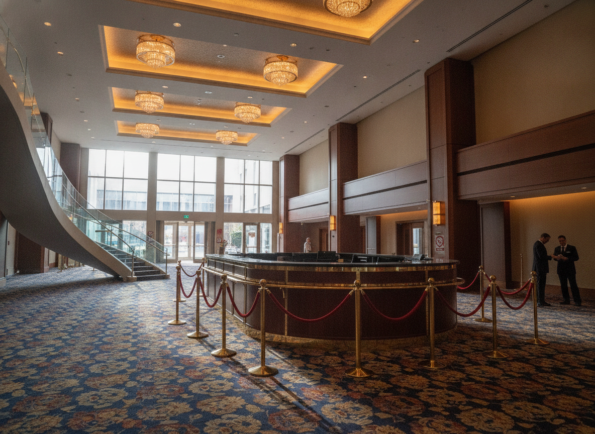 A theater lobby prepared for attendee check-in at a dance recital.