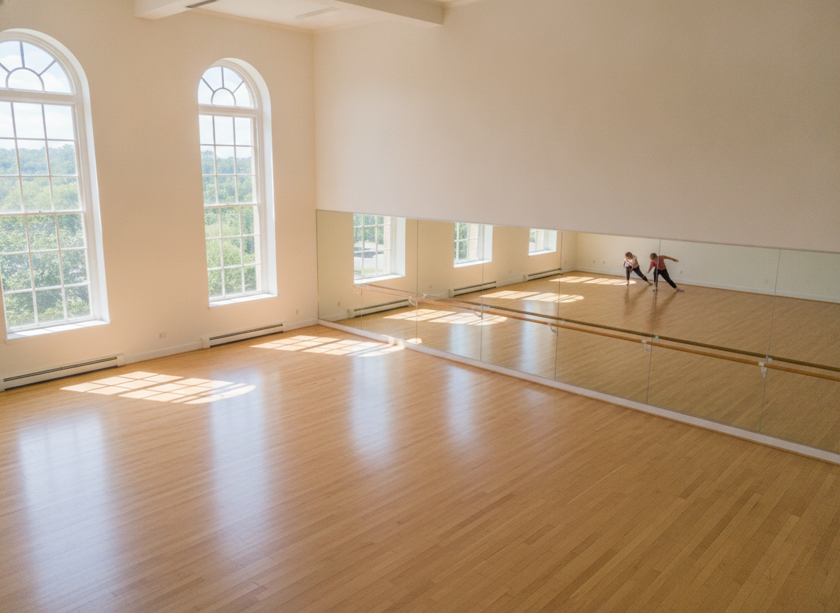 An empty dance studio, ready for rehearsal for a performance.
