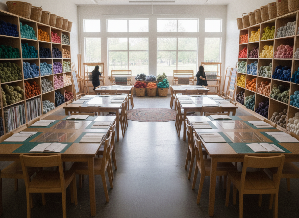 Colorful skeins of yarn on shelves in a craft workshop space.