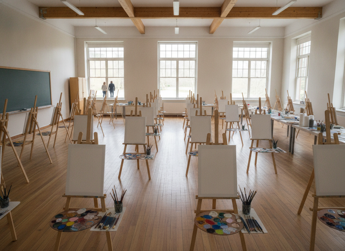 Easels and canvases set up for a painting class in an art studio.