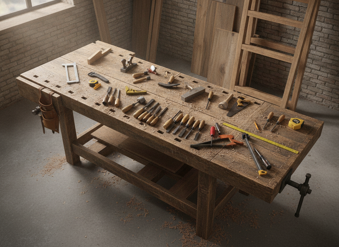 Woodworking tools neatly laid out on a workbench in a maker workshop.