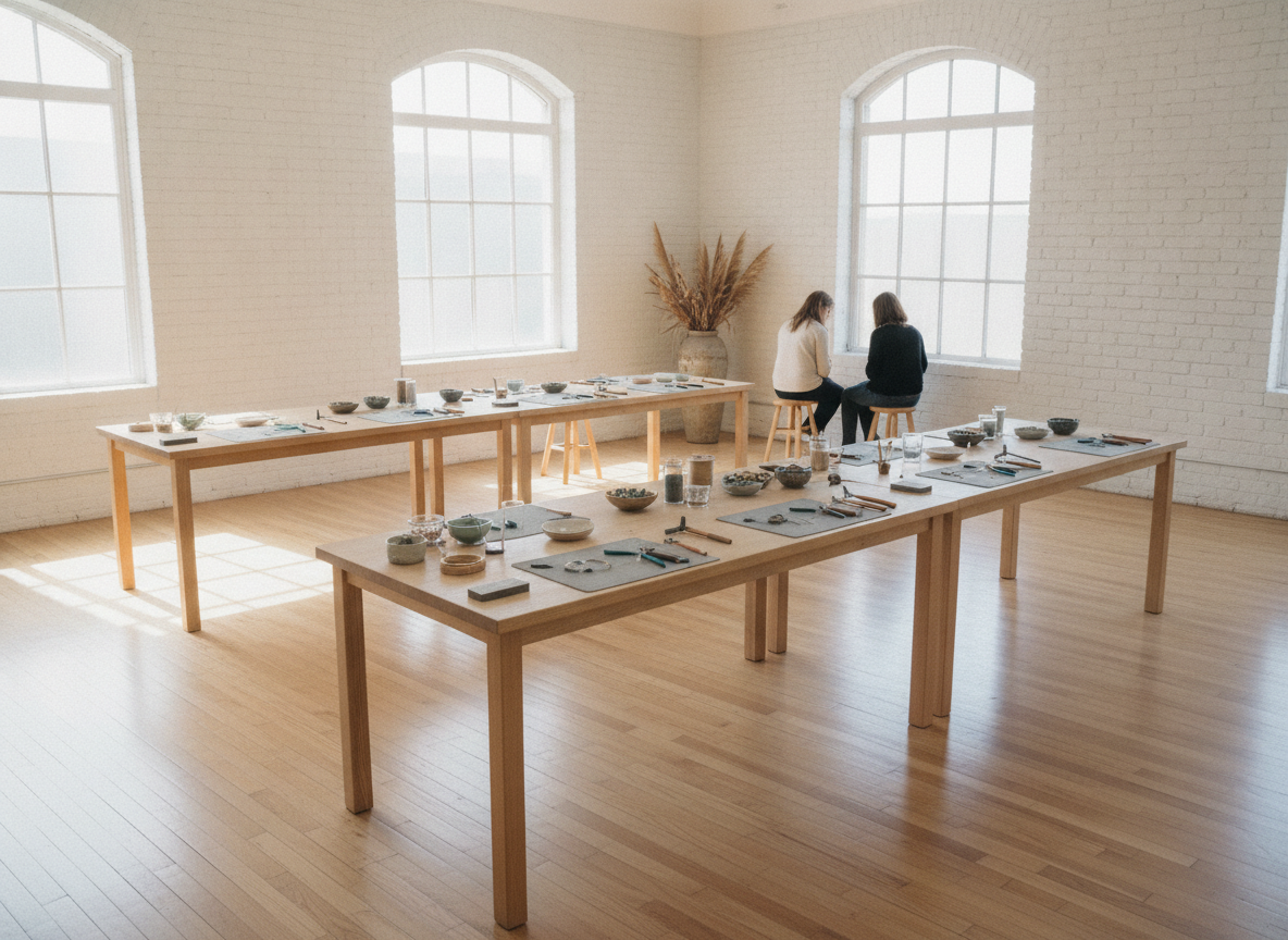 Stations prepared for a DIY jewelry-making workshop in a bright studio.