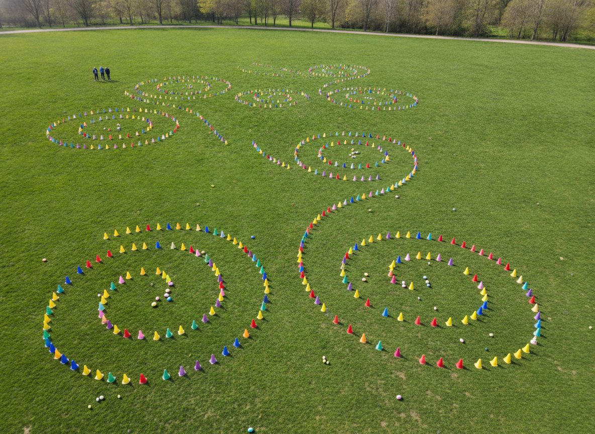 Aerial view of a park set up for an Easter egg hunt.