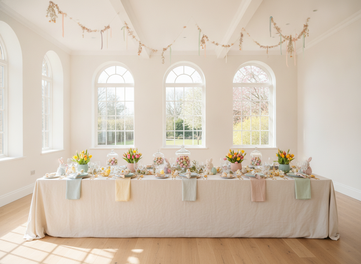 A beautifully decorated room prepared for an Easter brunch celebration.