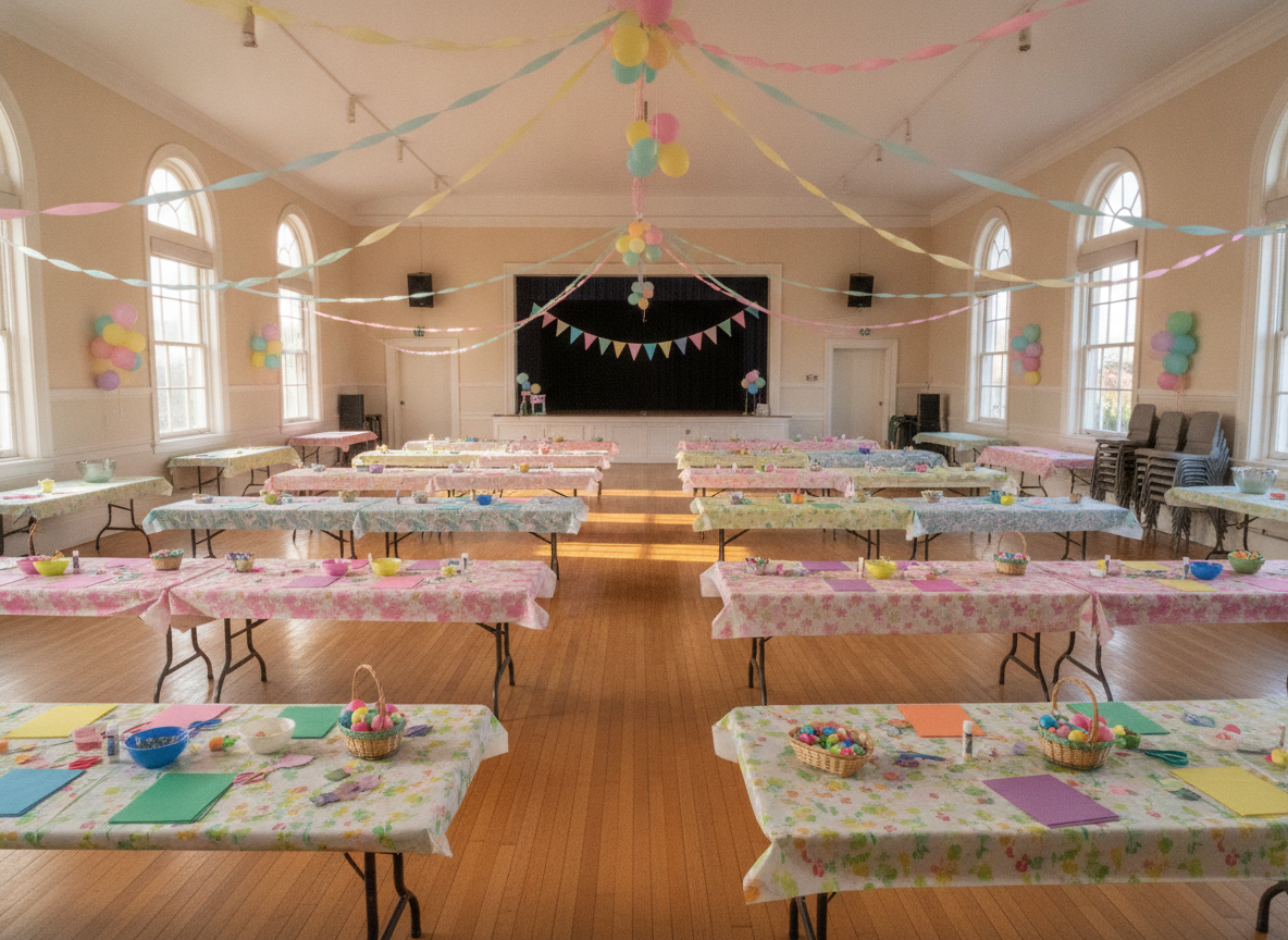 A community hall decorated and prepared for an Easter celebration.