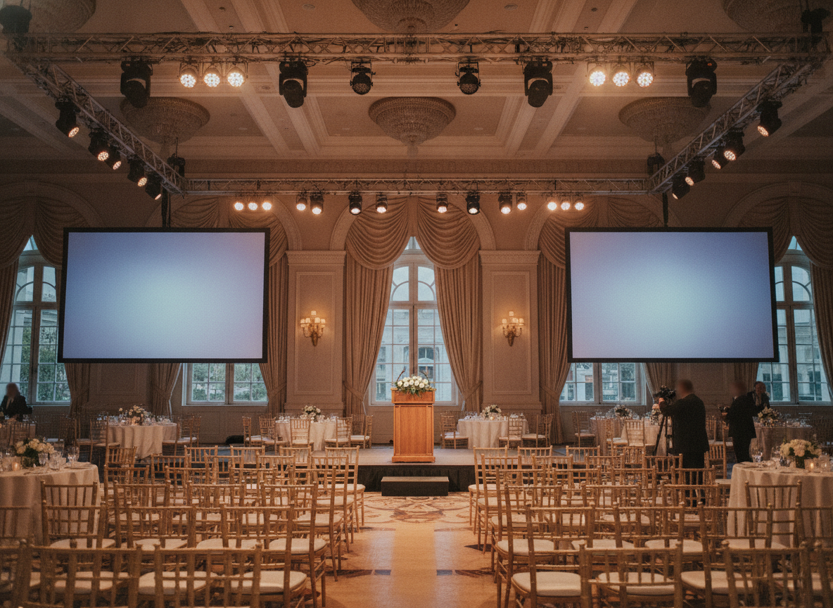 A professionally lit stage prepared for a speaker at a charity gala.