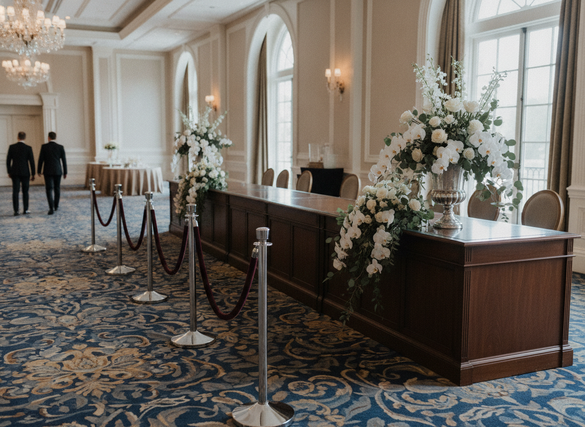 A prepared registration and check-in area for a formal benefit event.