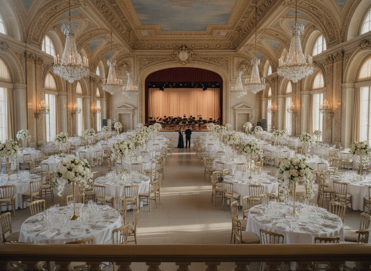 A large, empty ballroom with tables set for a fundraising gala.