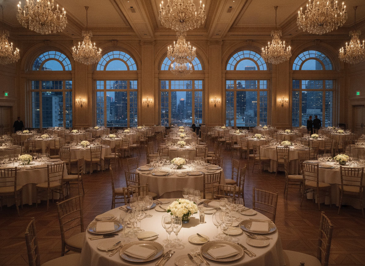 An elegantly prepared ballroom set for a benefit gala at night.