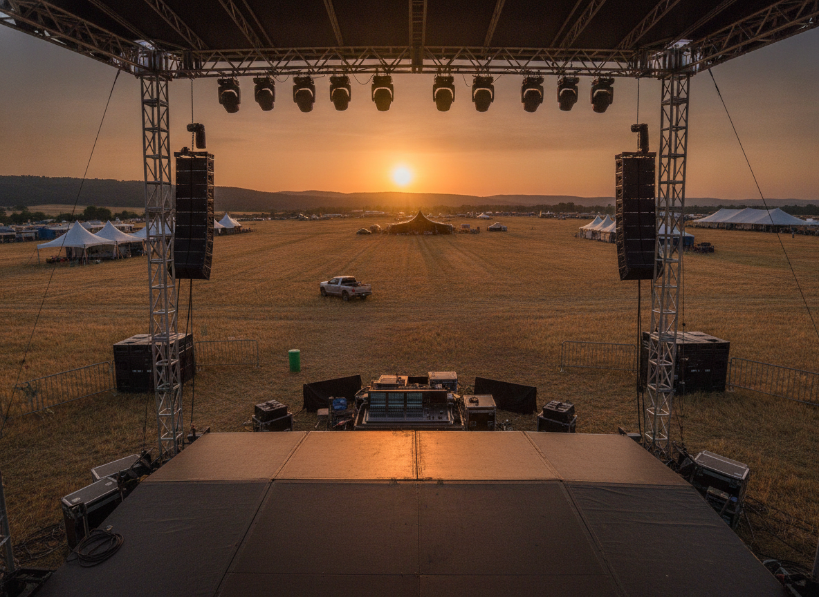 A stage being prepared in a field for a Juneteenth festival performance.