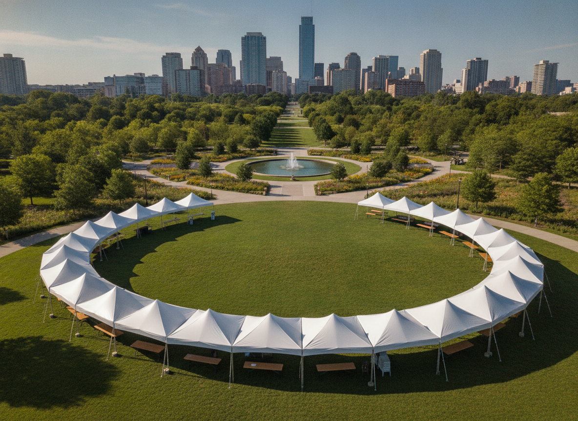 An aerial view of vendor tents set up in a park for a Juneteenth community festival.