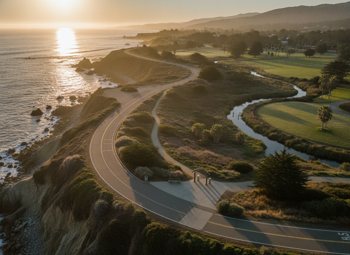 A paved running path for a marathon, winding through a beautiful natural landscape.