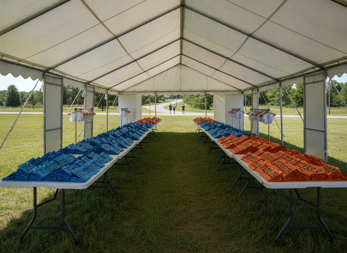 An organized bib pickup and registration table at a marathon event before attendees arrive.