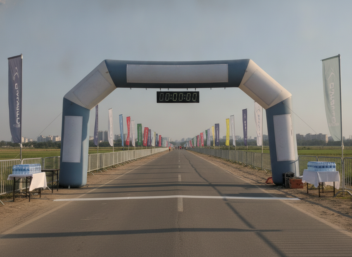 The finish line of a marathon, painted on an empty road, ready for the race.