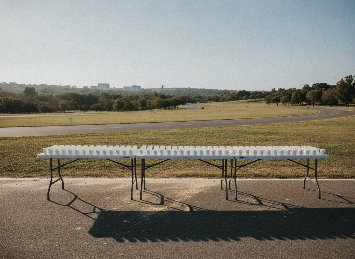 A fully stocked water station prepared for runners at a marathon.