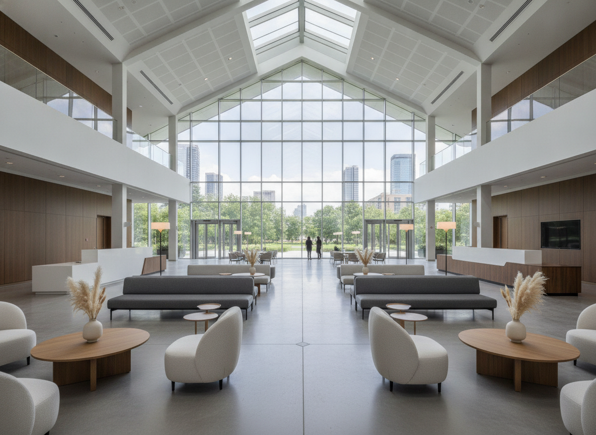 A modern conference center lobby set for a professional networking event.