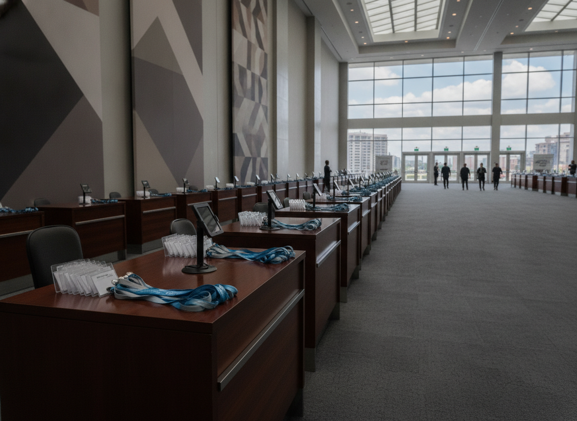 A registration desk prepared with lanyards for a business networking event.