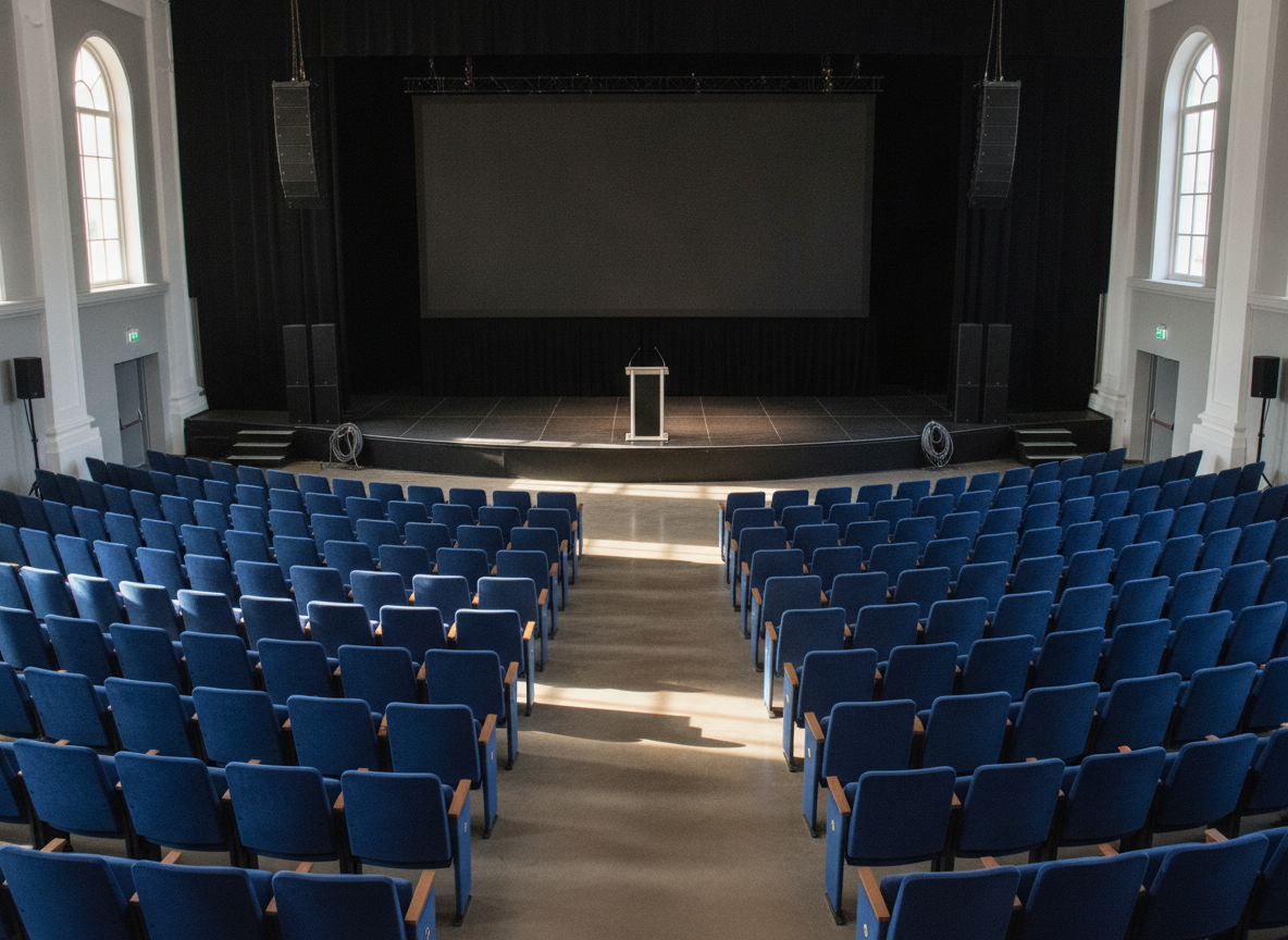 An empty auditorium prepared for a business event presentation.