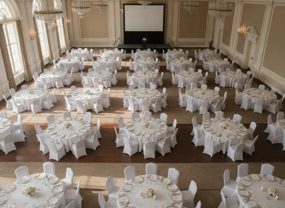 An empty ballroom set for a large-scale professional networking event.