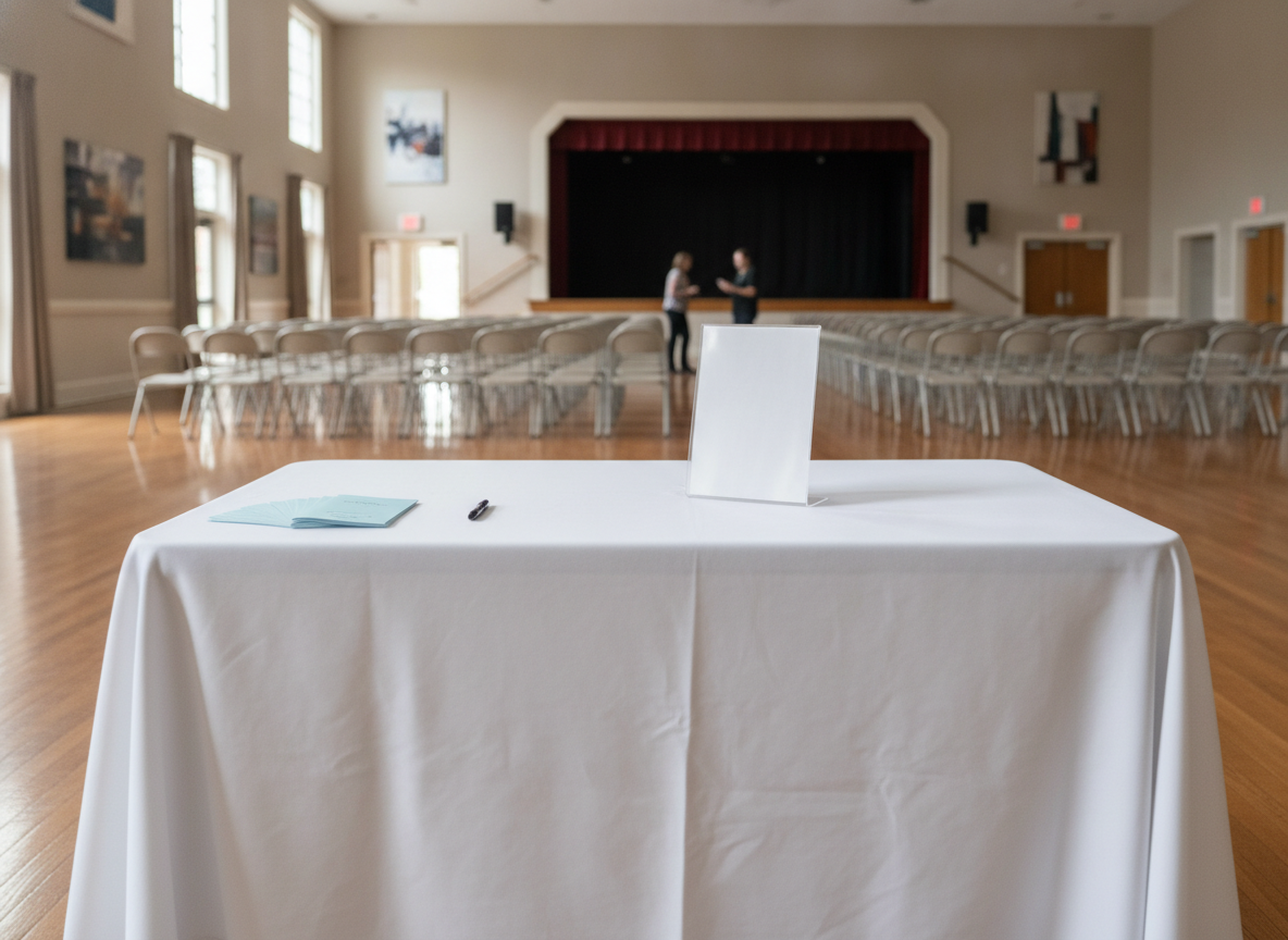 The check-in area for a parenting workshop, ready for attendees.