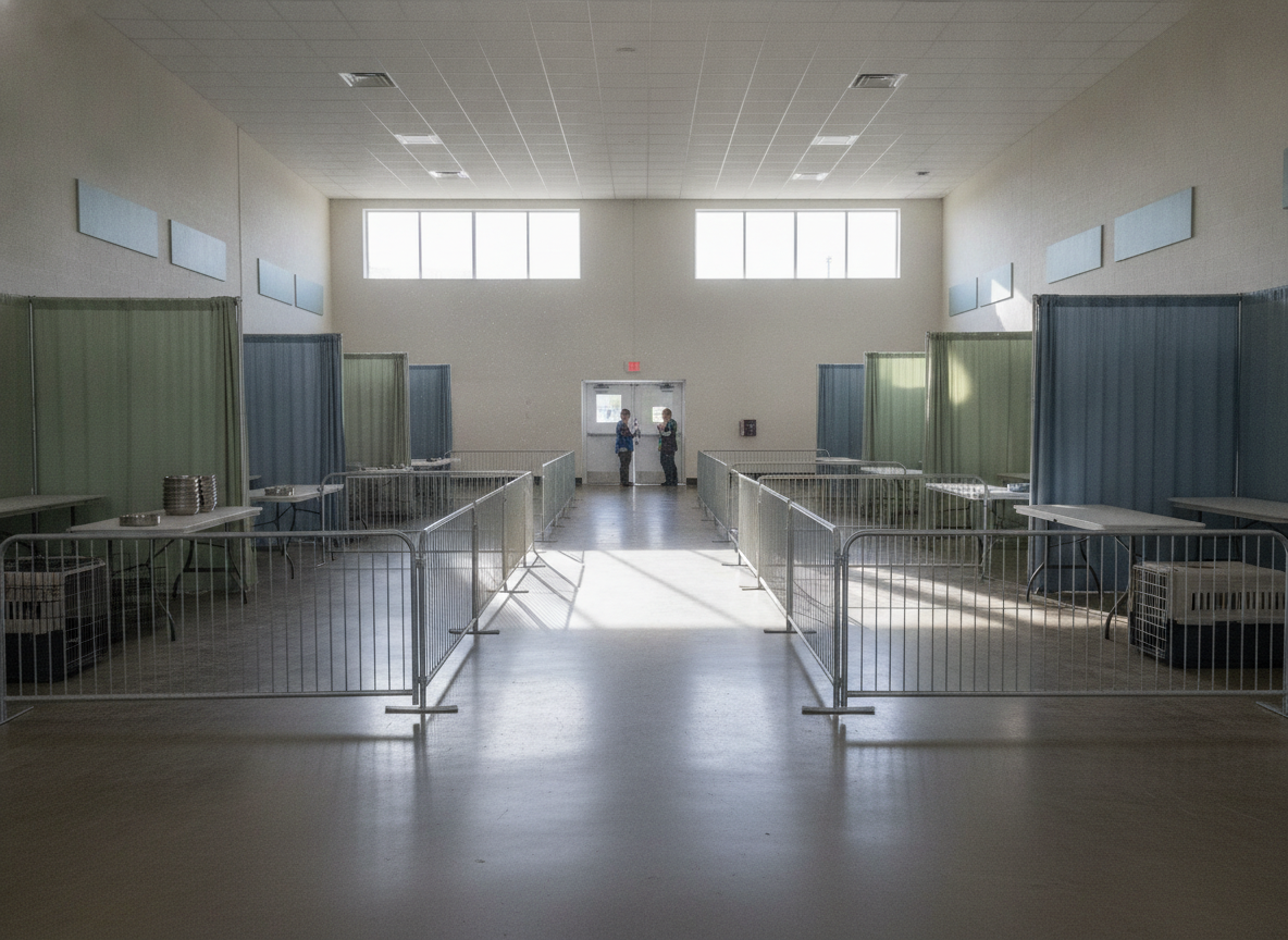 An indoor community hall prepared for a pet adoption event.