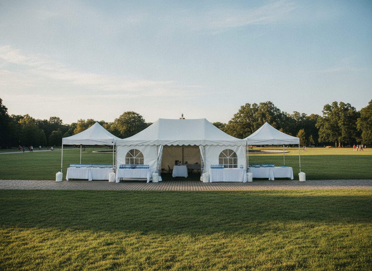 A check-in tent ready for attendees at an outdoor pet fair.