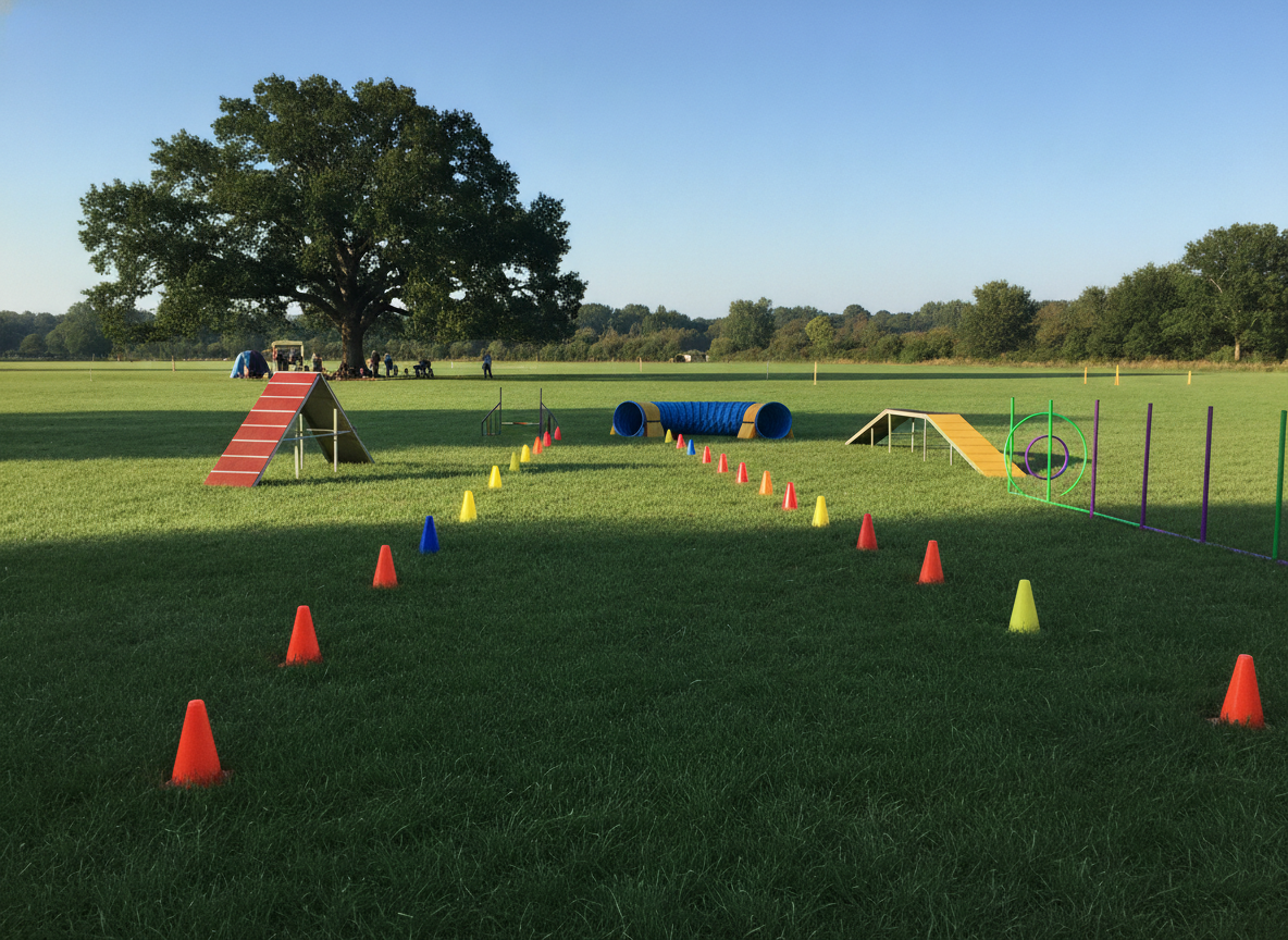 An outdoor agility course set up on a lawn for a pet event.