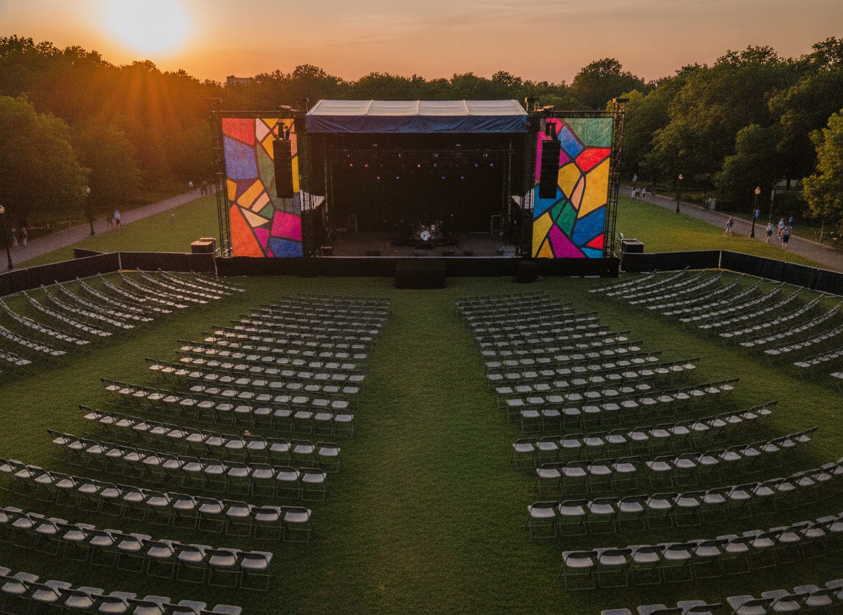 An empty outdoor stage prepared for a Pride event performance at sunset.