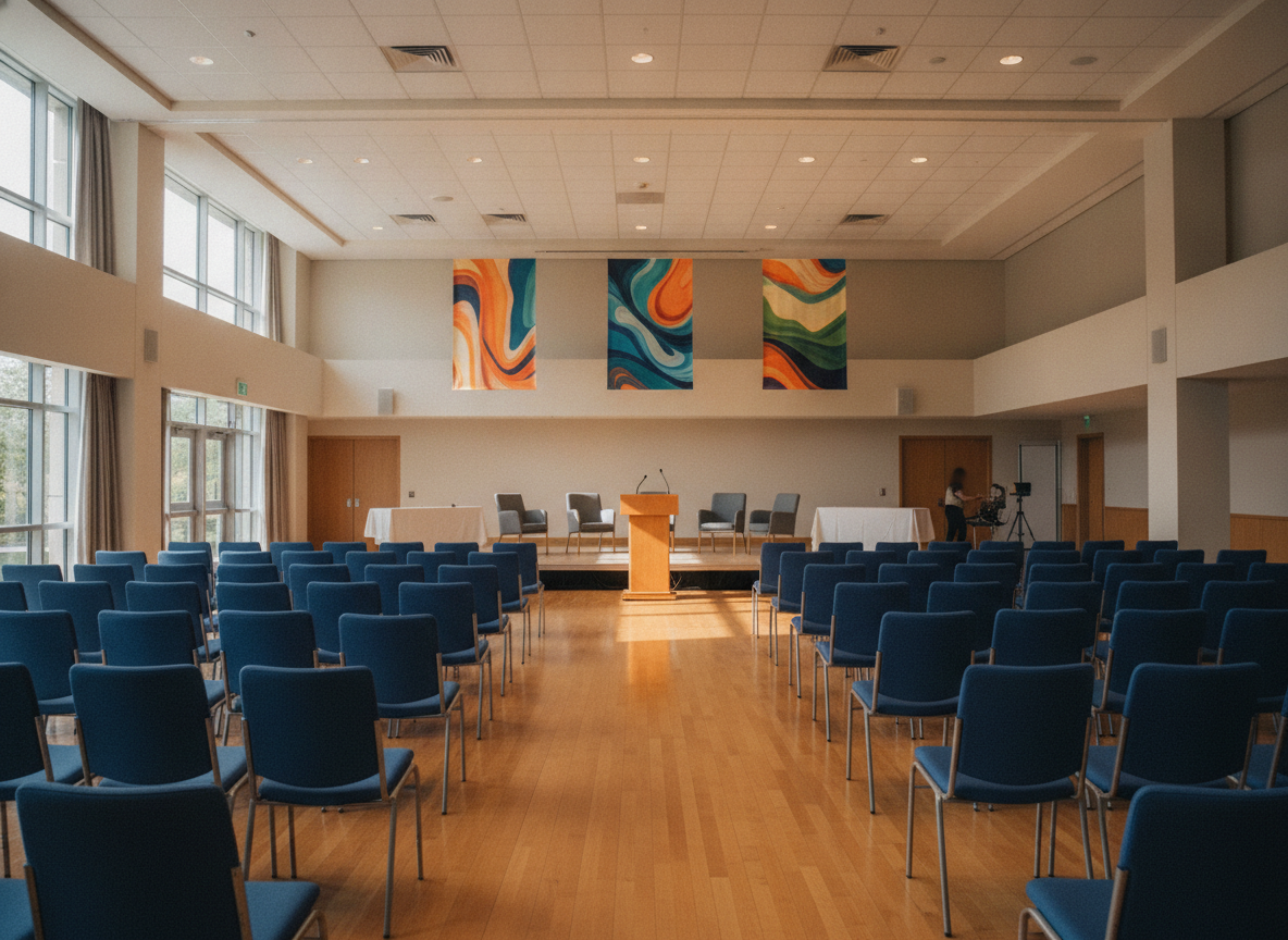 An empty community hall set up for an LGBTQ+ panel discussion.