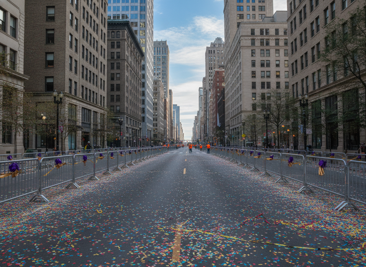 An empty city street prepared for a Pride parade.
