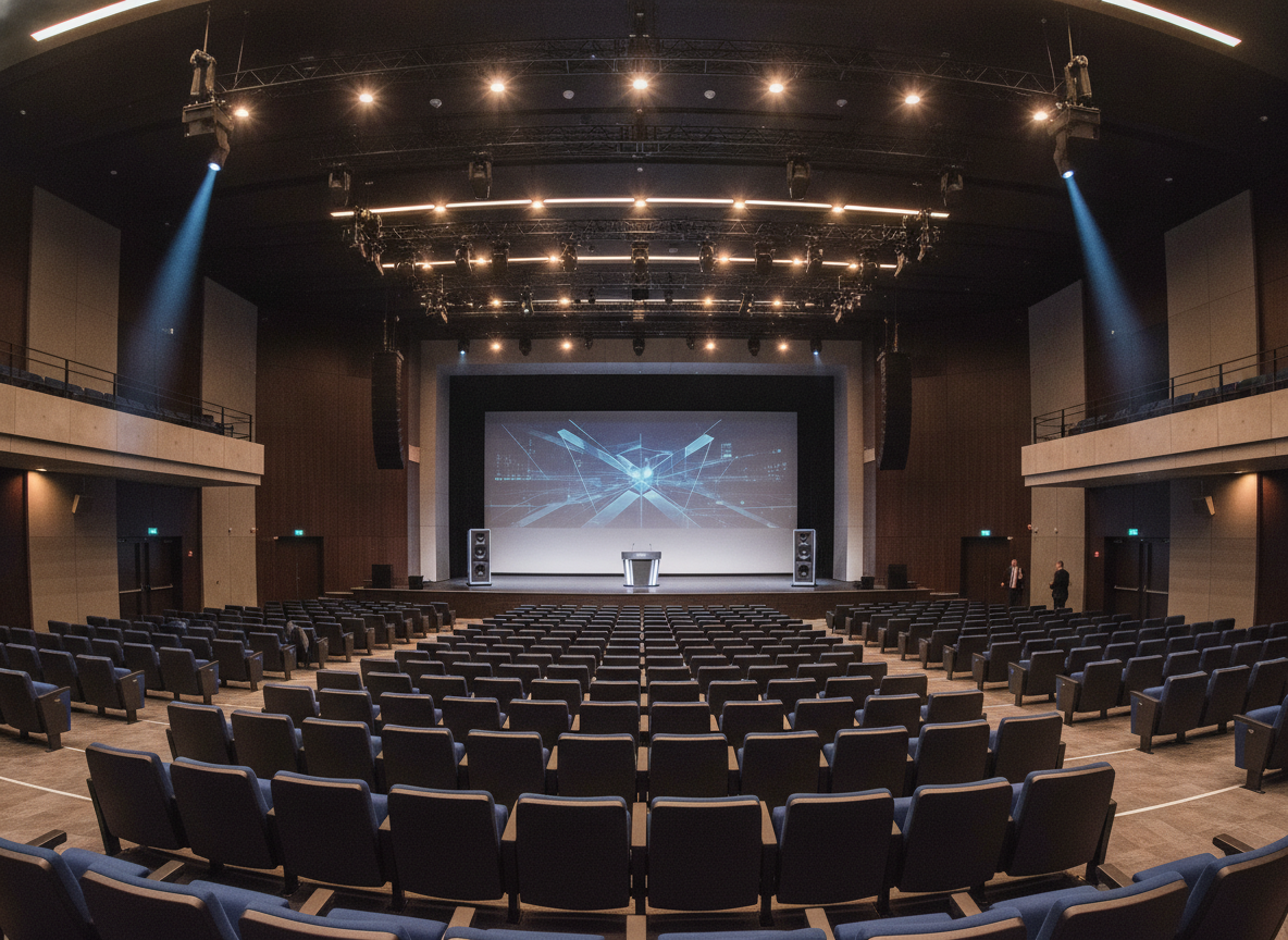 An empty auditorium stage set up for a professional product launch event.