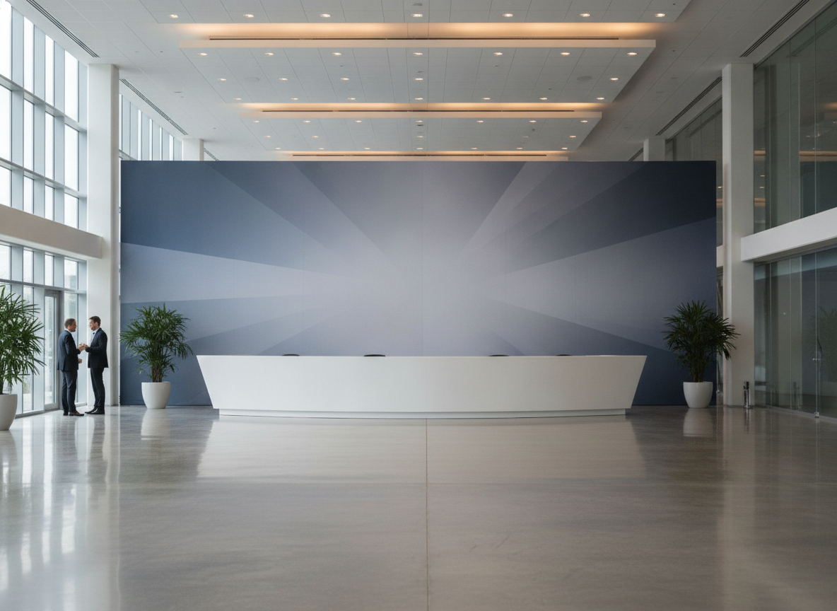An empty, branded registration desk prepared for a product launch event.