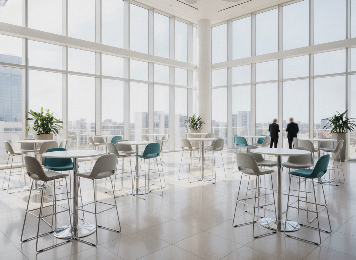 A modern, empty networking area set for a product launch event.