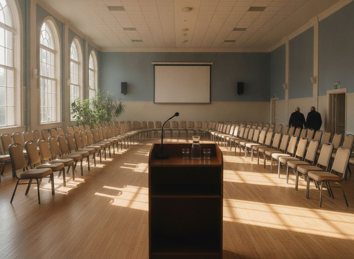 A community hall set up with chairs for a public meeting.